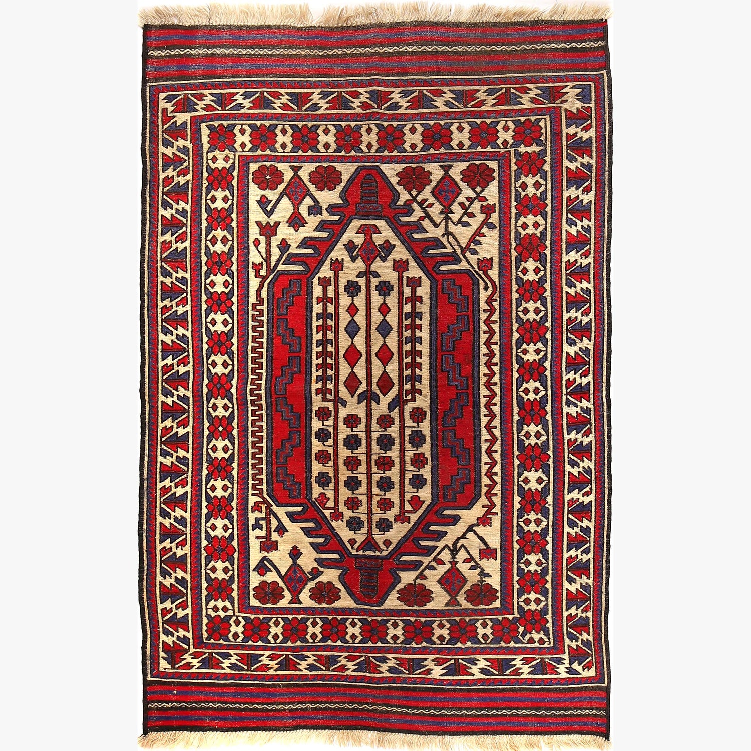 Saghari Kilim Area Rug Handmade Beige Floral 4x6 ft