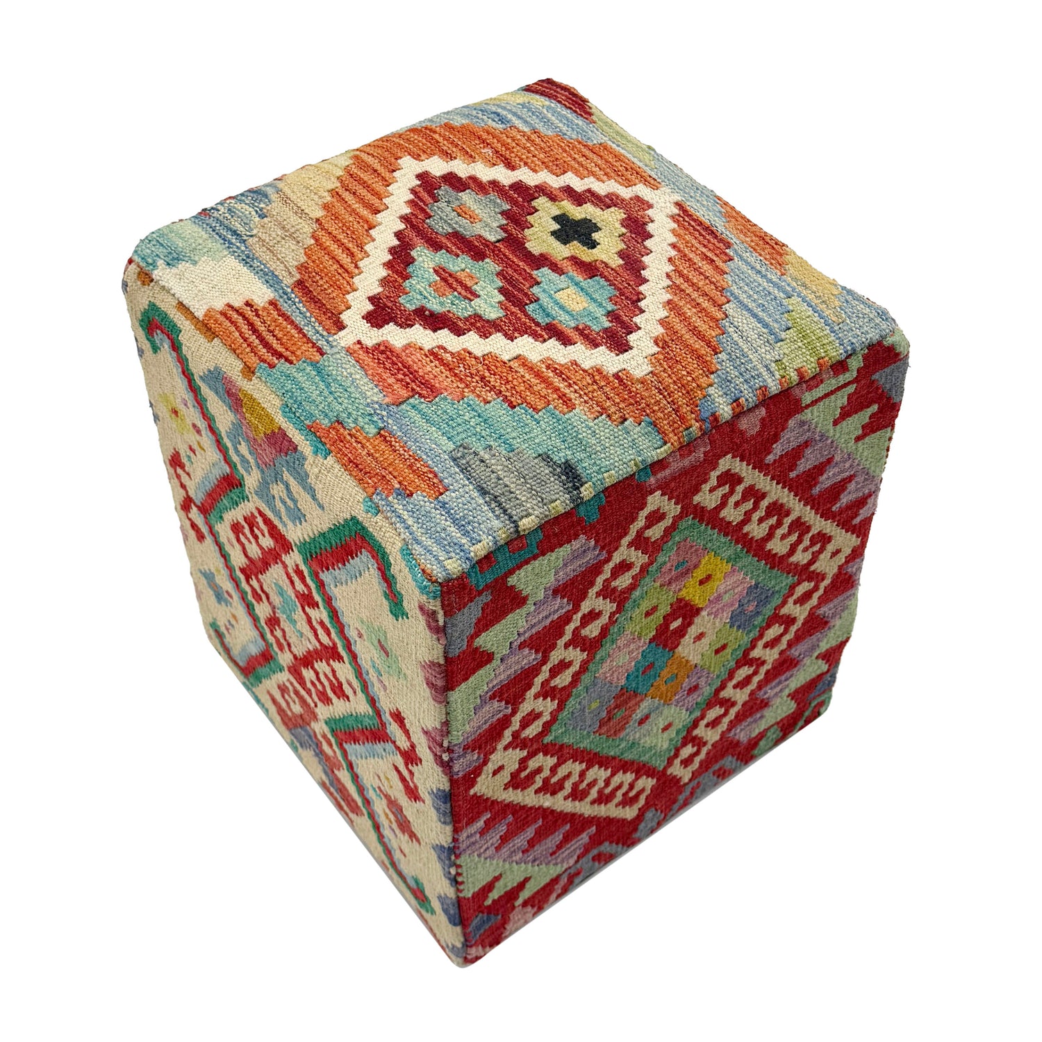 Vegetable Kilim Stool Cover Handmade Multi Geometric 1x1 ft