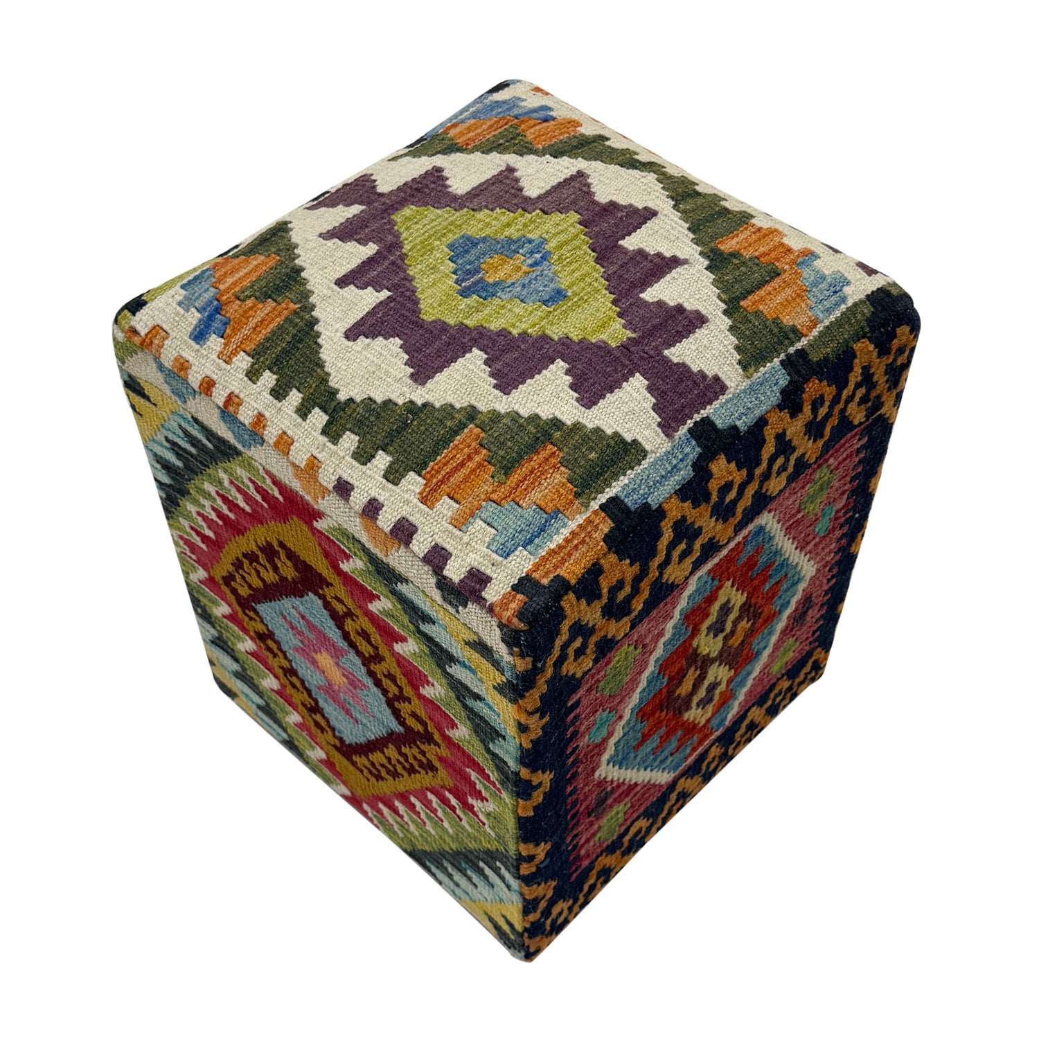 Vegetable Kilim Stool Cover Handmade Multi Geometric 1x1 ft