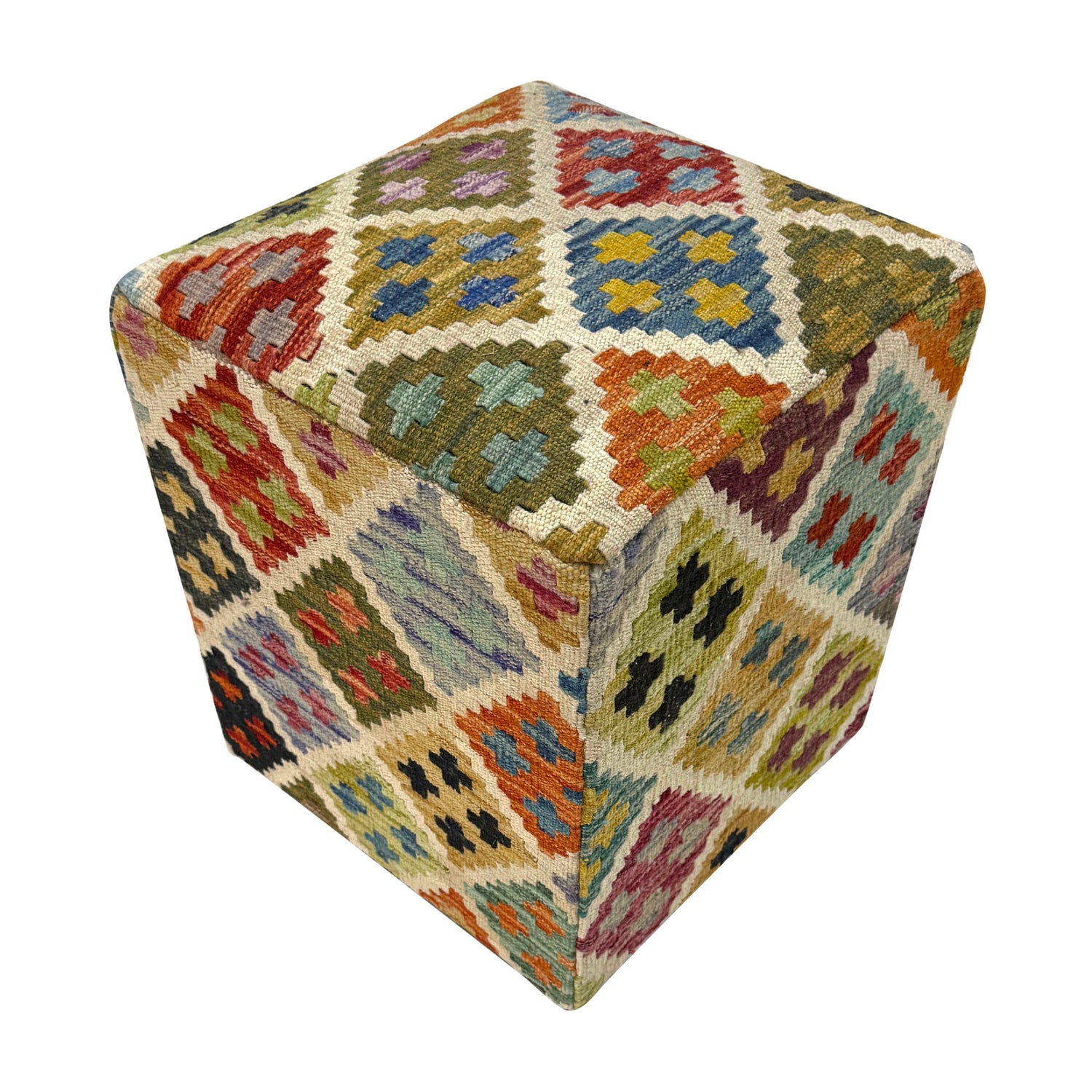 Vegetable Kilim Stool Cover Handmade Multi Geometric 1x1 ft