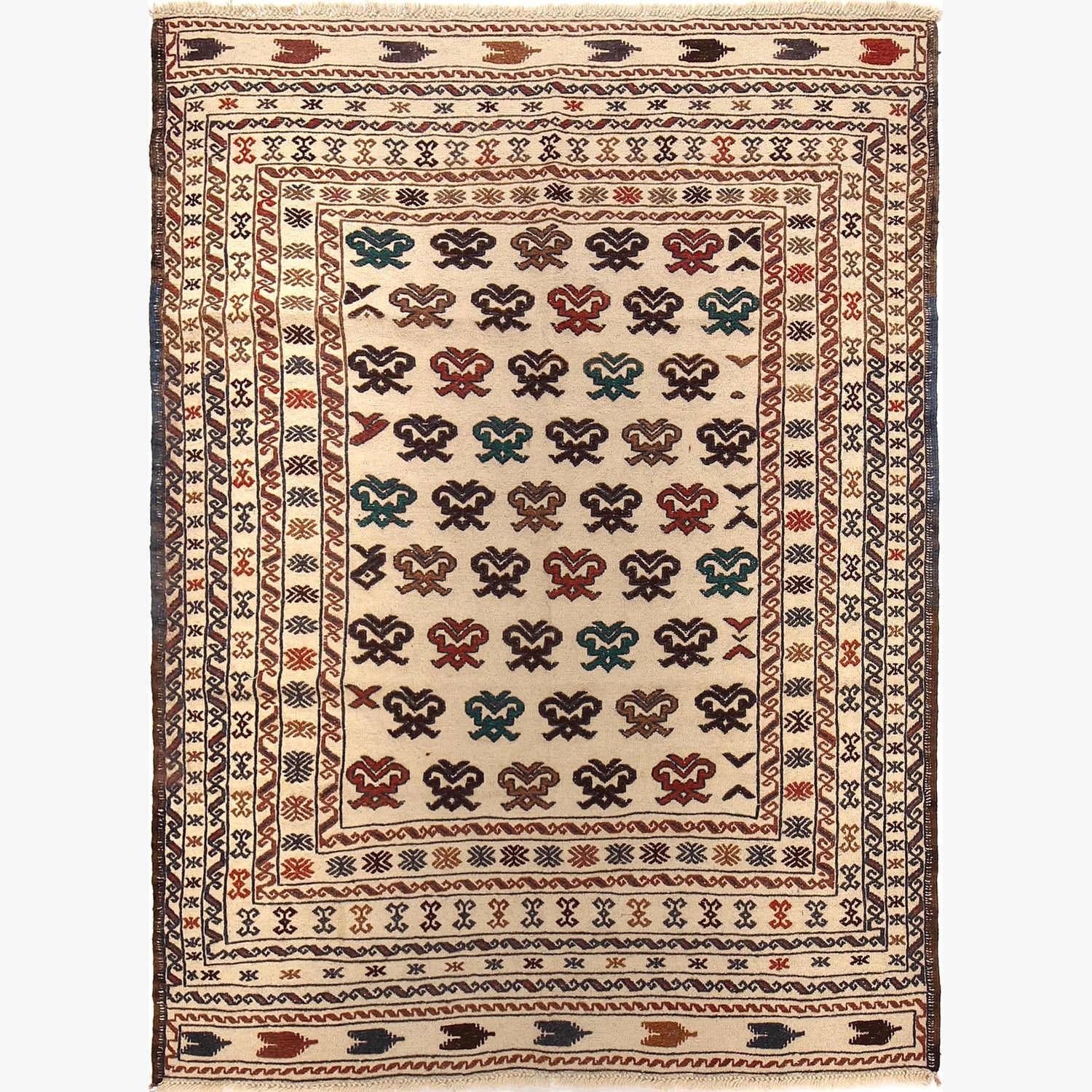 Soumak Kilim Area Rug Handmade White Floral 4x6 ft