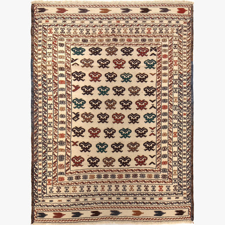 Soumak Kilim Area Rug Handmade White Floral 4x6 ft