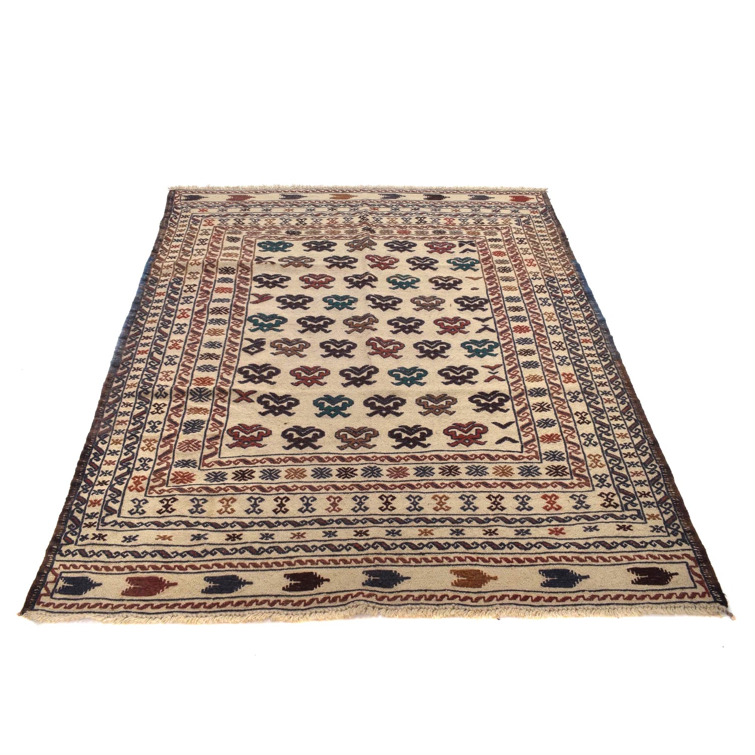Soumak Kilim Area Rug Handmade White Floral 4x6 ft