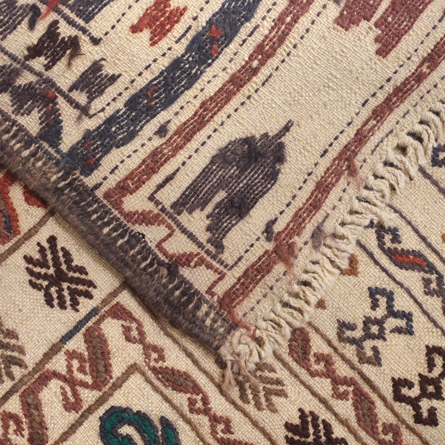 Soumak Kilim Area Rug Handmade White Floral 4x6 ft