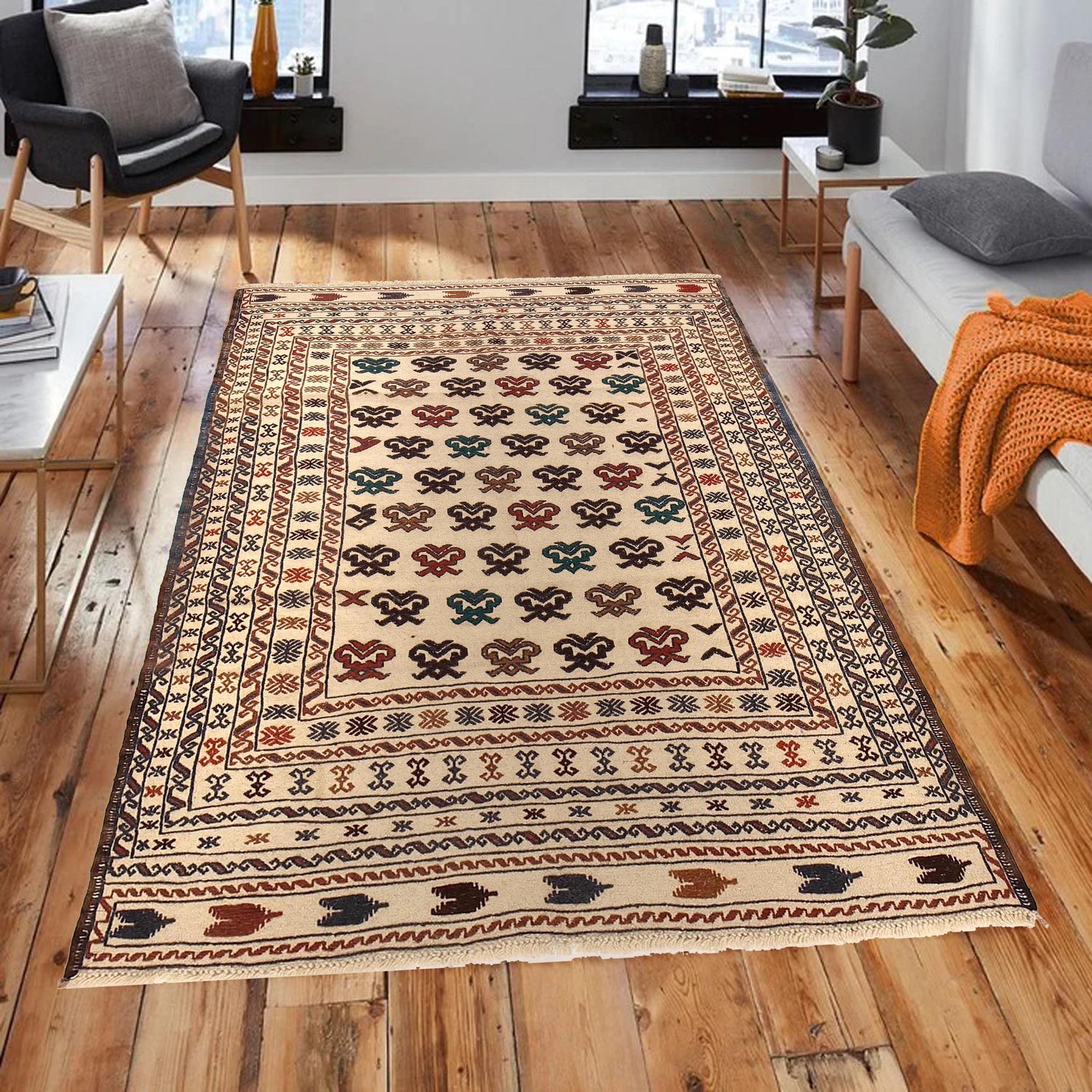 Soumak Kilim Area Rug Handmade White Floral 4x6 ft
