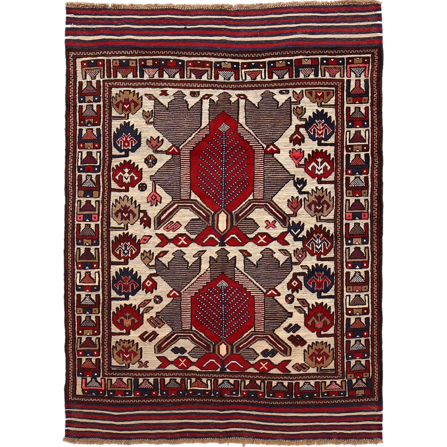 Barjasta Area Rug Handmade Beige Floral 4x6 ft