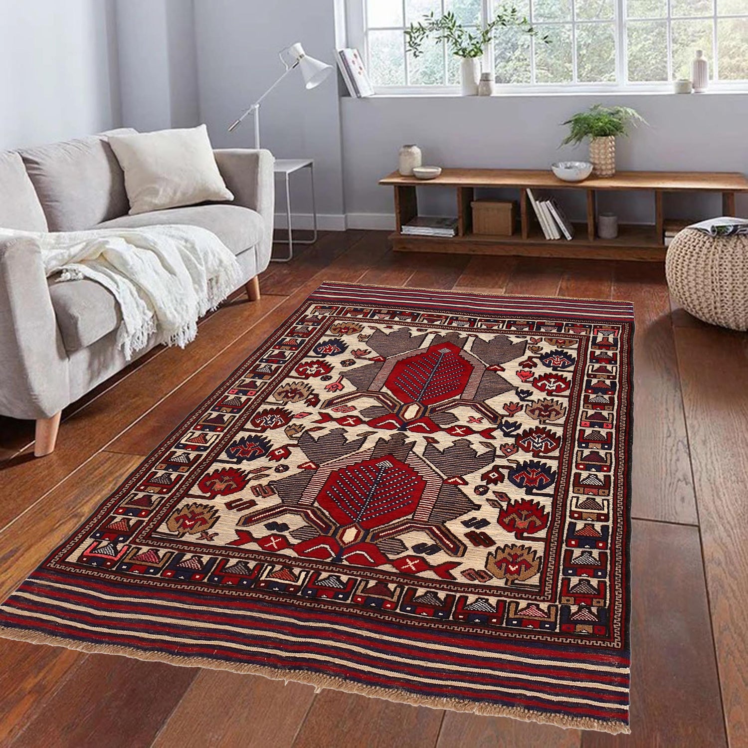 Barjasta Area Rug Handmade Beige Floral 4x6 ft