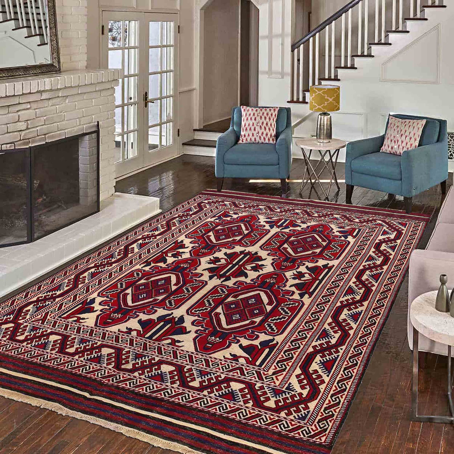 Saghari Kilim Area Rug Handmade Beige Geometric 7x10 ft