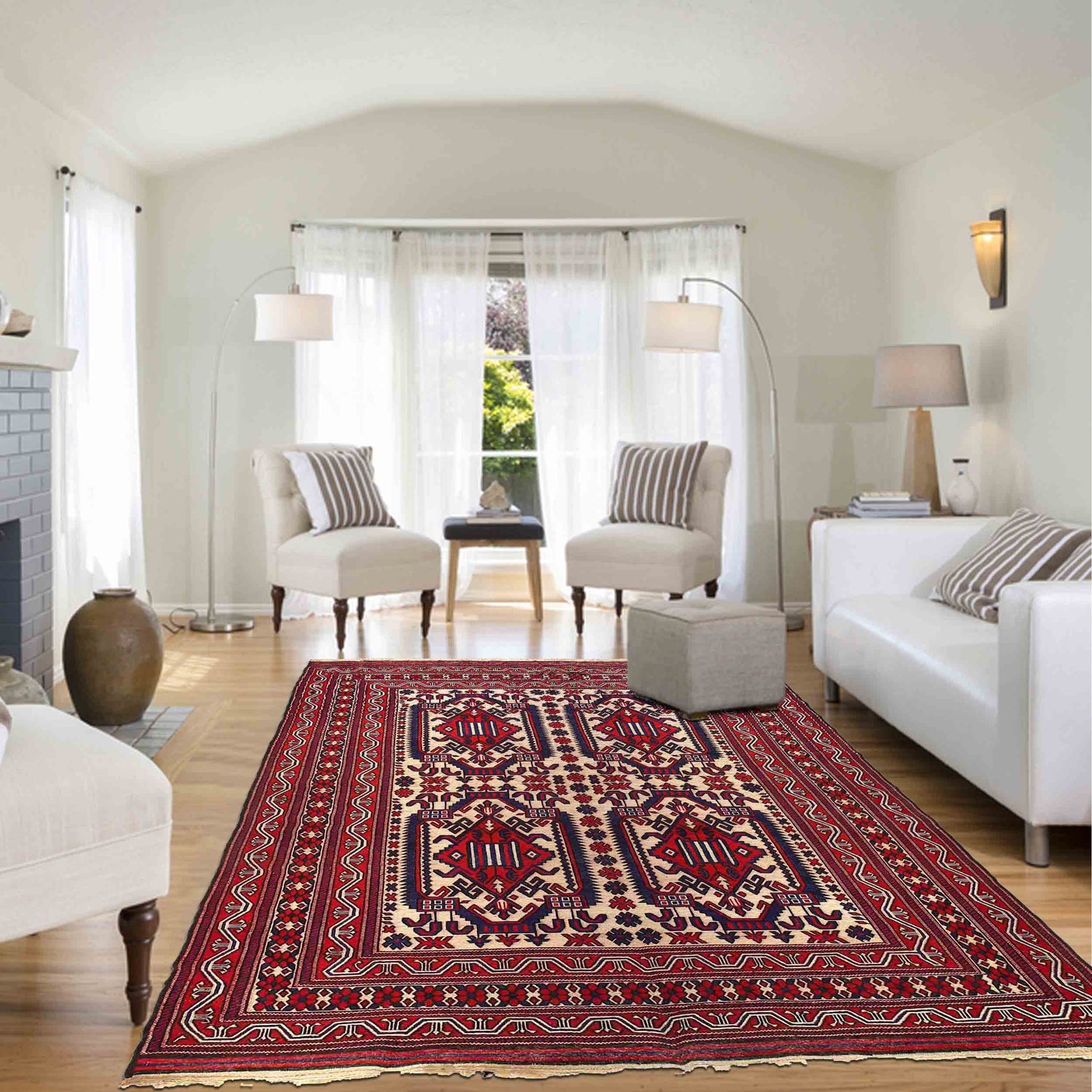 Saghari Kilim Area Rug Handmade Beige Floral 7x10 ft