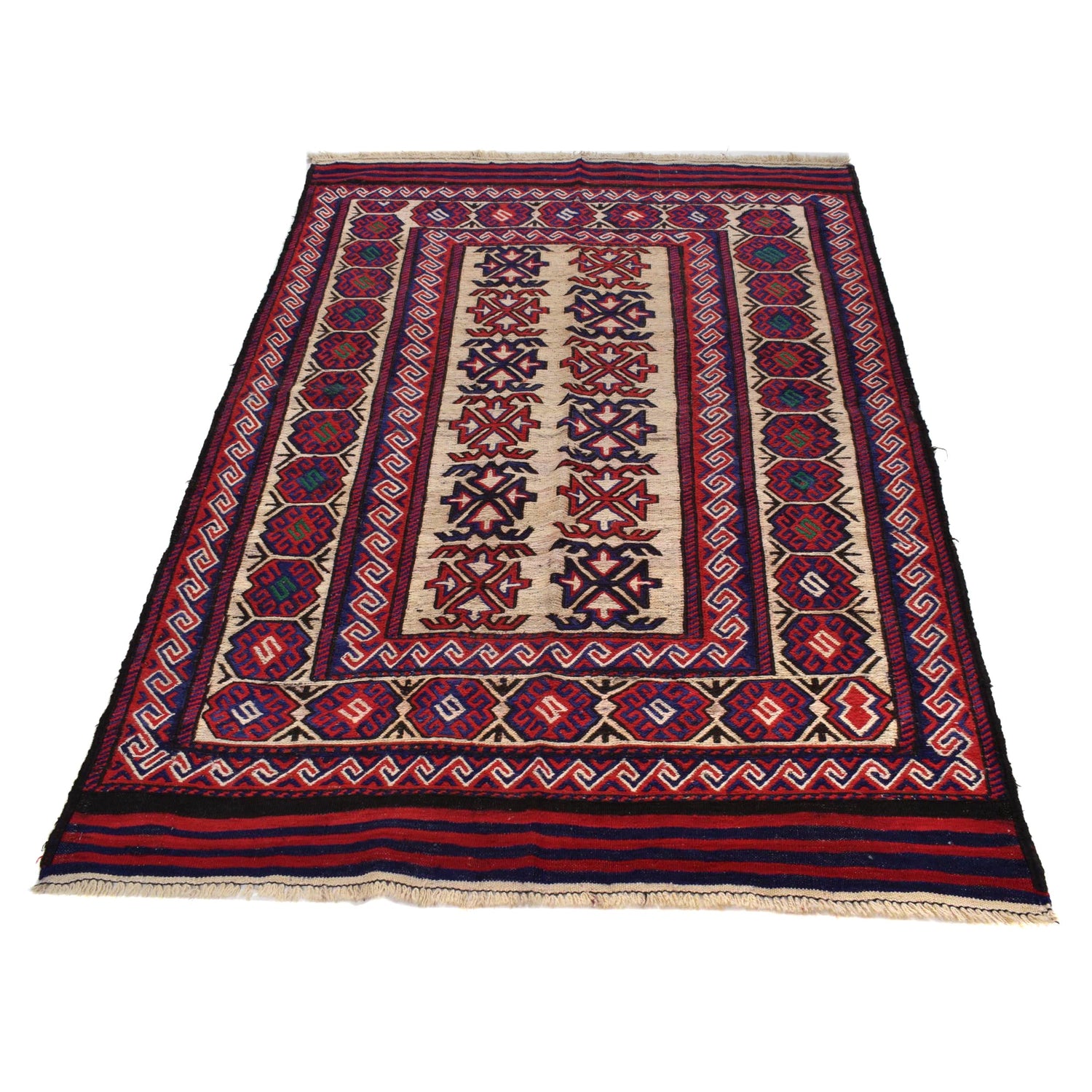 Saghari Kilim Area Rug Handmade Beige Floral 4x6 ft