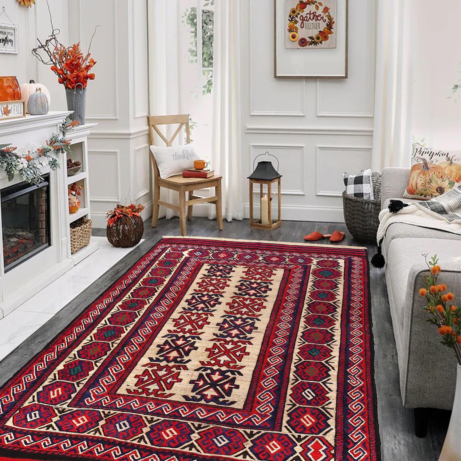 Saghari Kilim Area Rug Handmade Beige Floral 4x6 ft