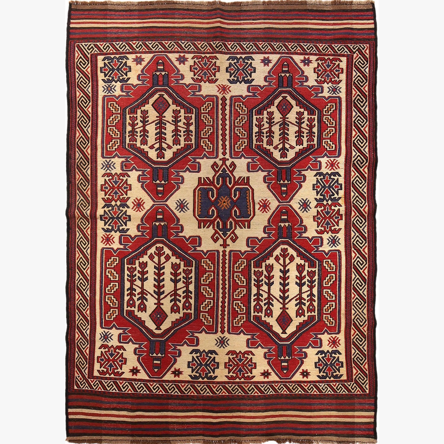 Saghari Kilim Area Rug Handmade Beige Floral 4x6 ft