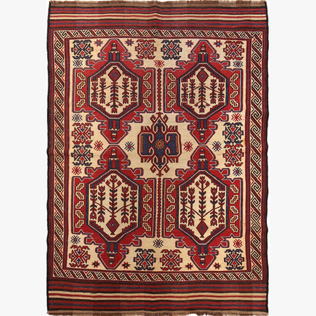 Saghari Kilim Area Rug Handmade Beige Floral 4x6 ft