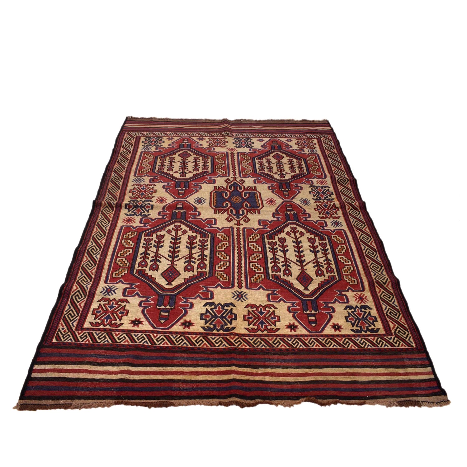 Saghari Kilim Area Rug Handmade Beige Floral 4x6 ft