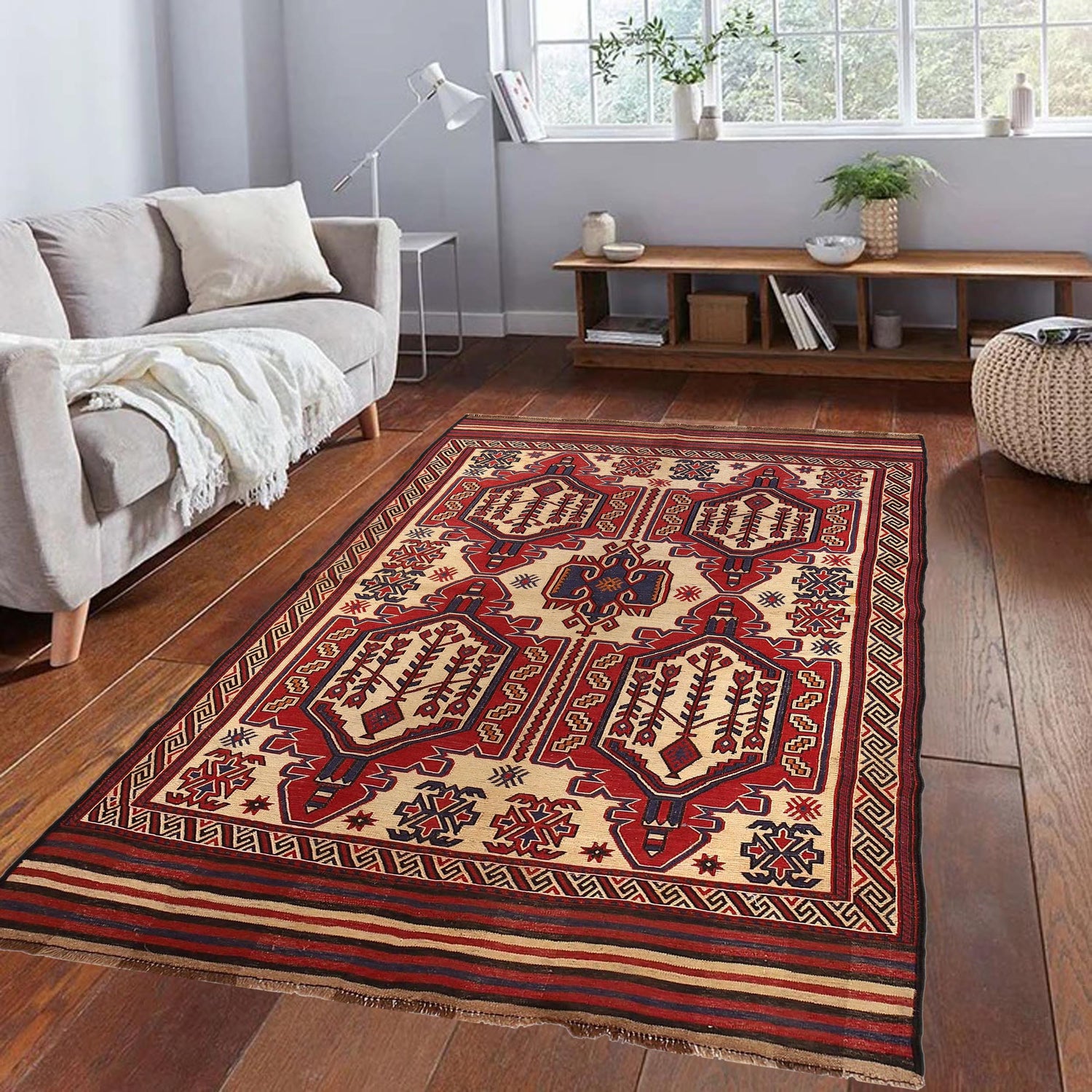 Saghari Kilim Area Rug Handmade Beige Floral 4x6 ft