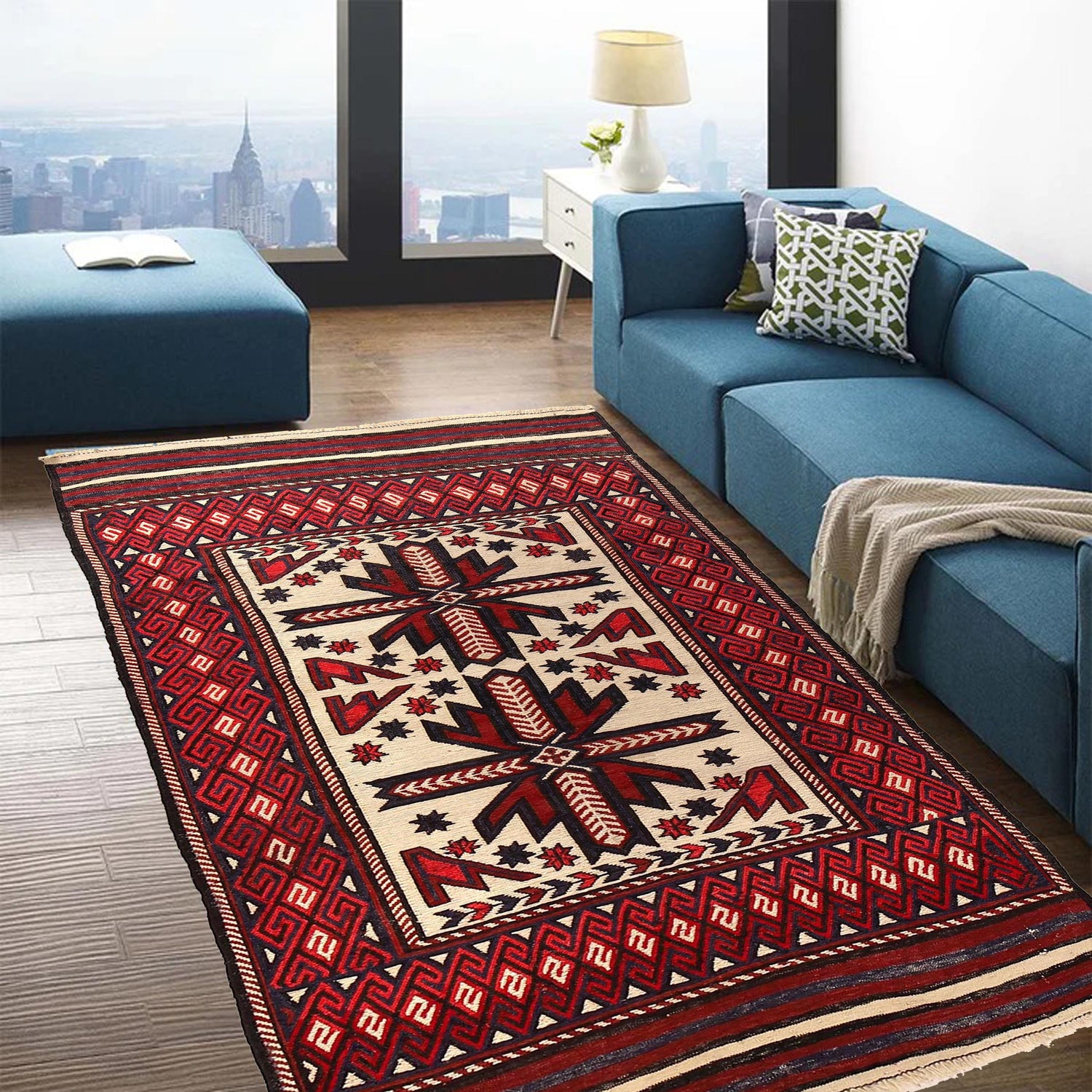 Saghari Kilim Area Rug Handmade Beige Floral 4x6 ft