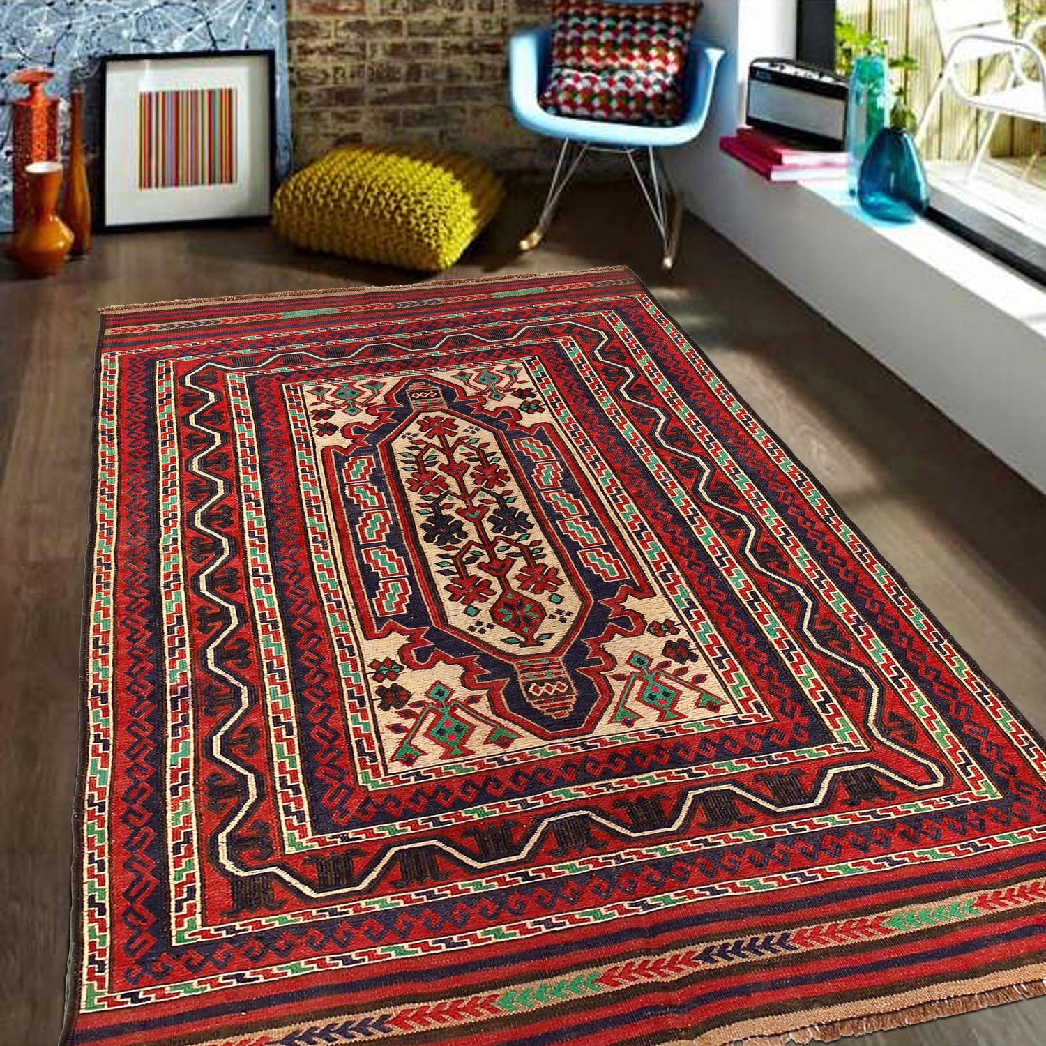 Saghari Kilim Area Rug Handmade Multi Floral 4x7 ft