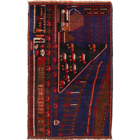 Pictorial Rug Handmade Navy Blue Design
