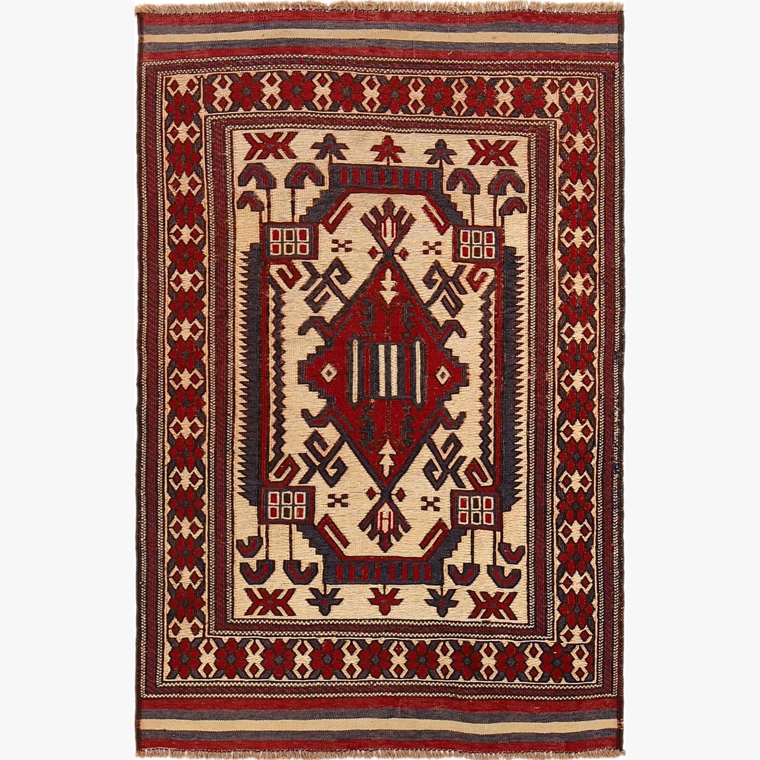 Saghari Kilim Area Rug Handmade Beige Floral 3x5 ft