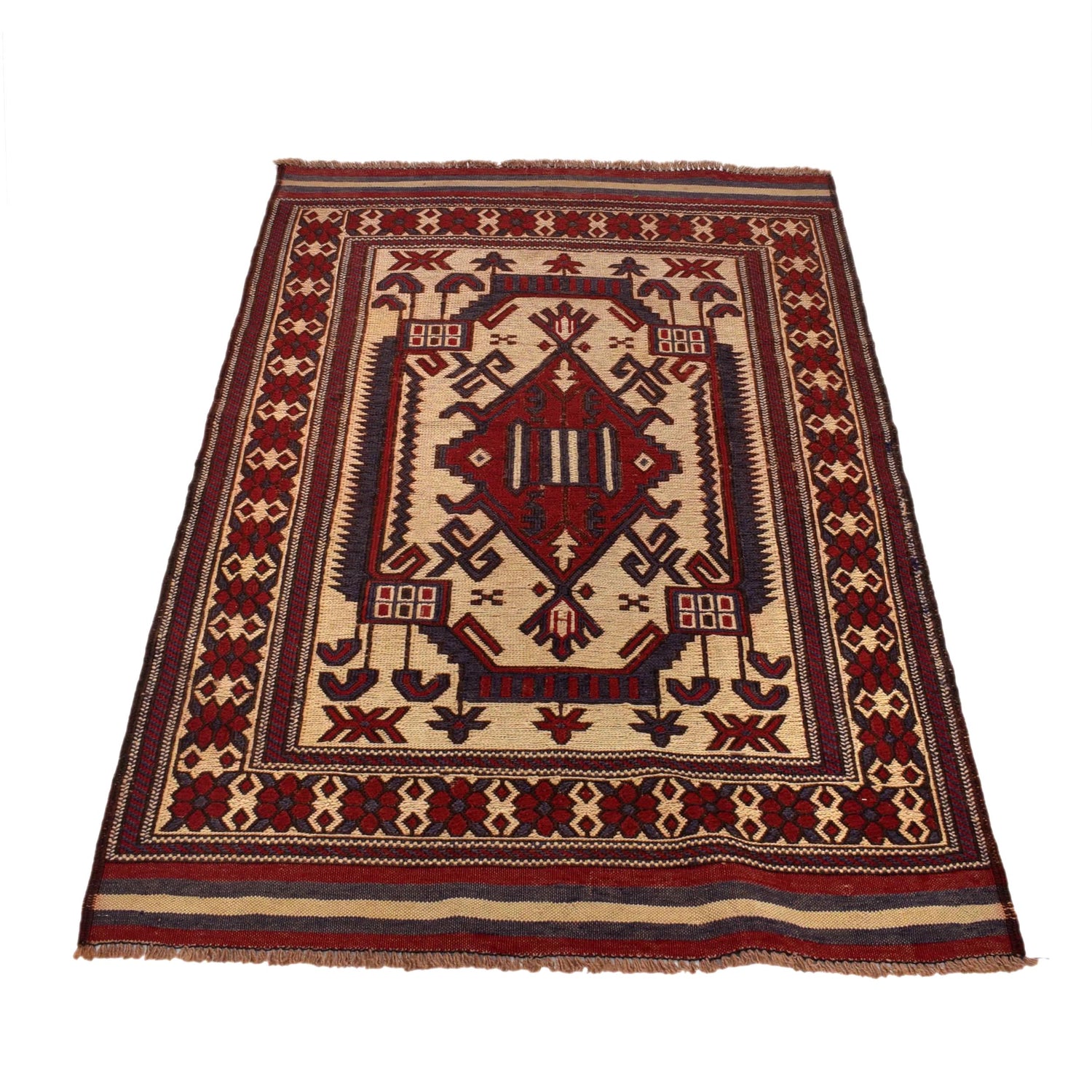 Saghari Kilim Area Rug Handmade Beige Floral 3x5 ft