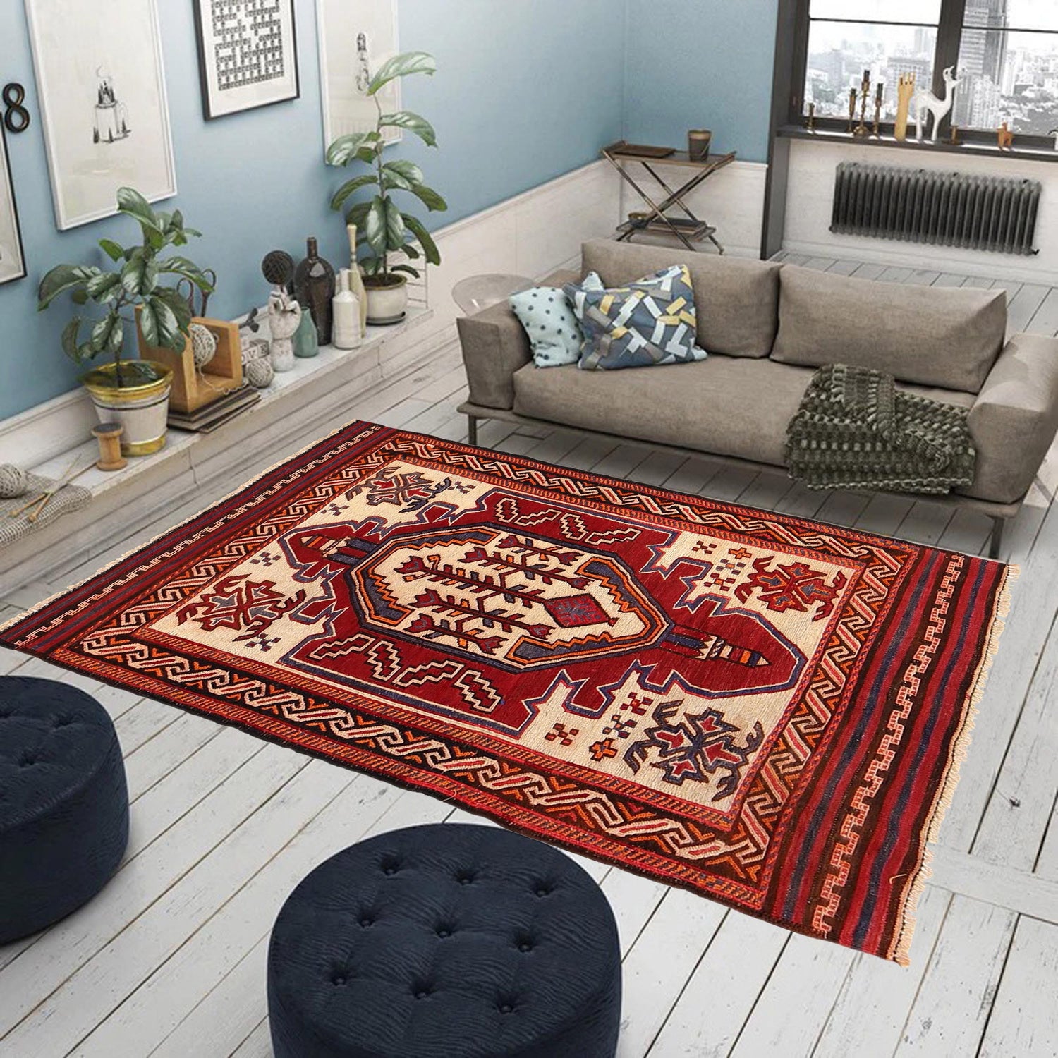 Saghari Kilim Area Rug Handmade Beige Floral 2x4 ft