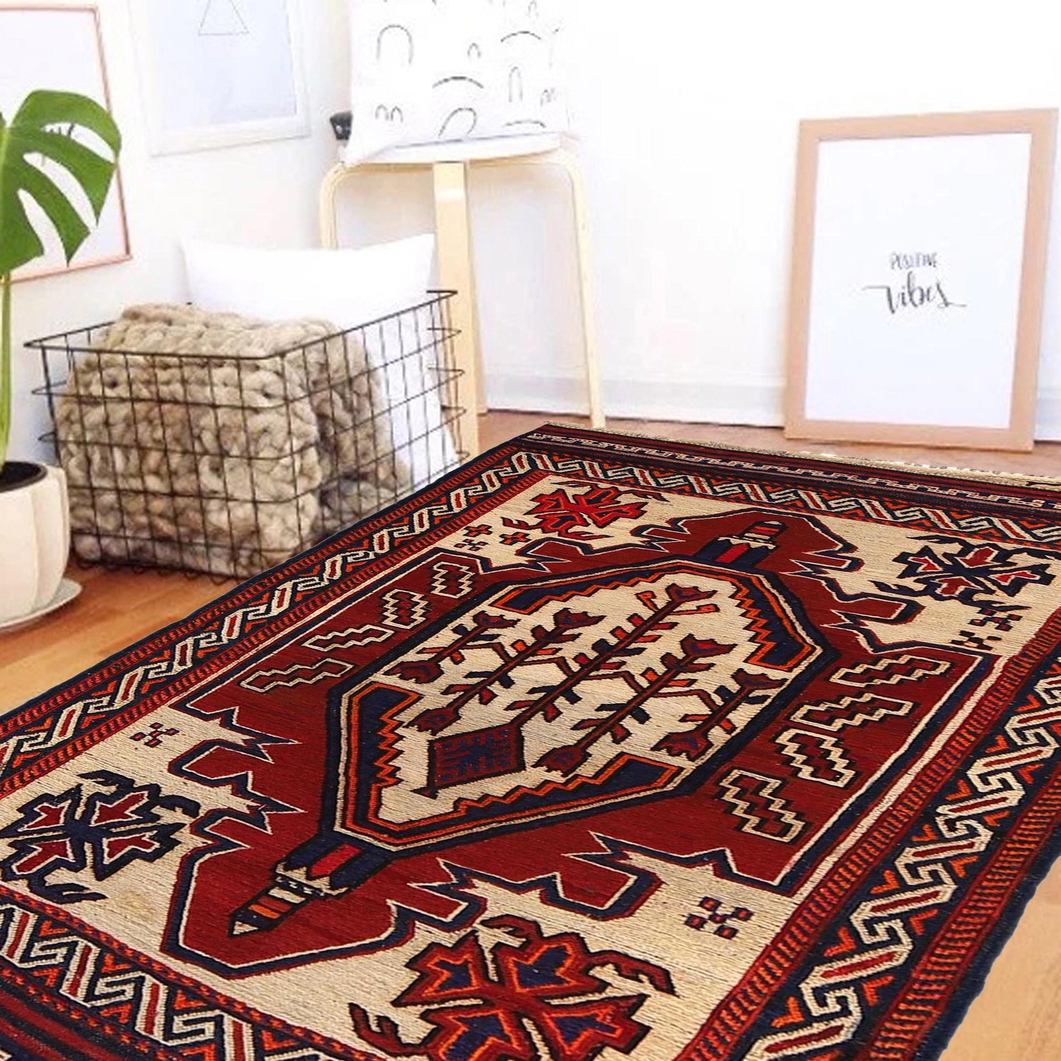 Saghari Kilim Area Rug Handmade Beige Floral 3x5 ft