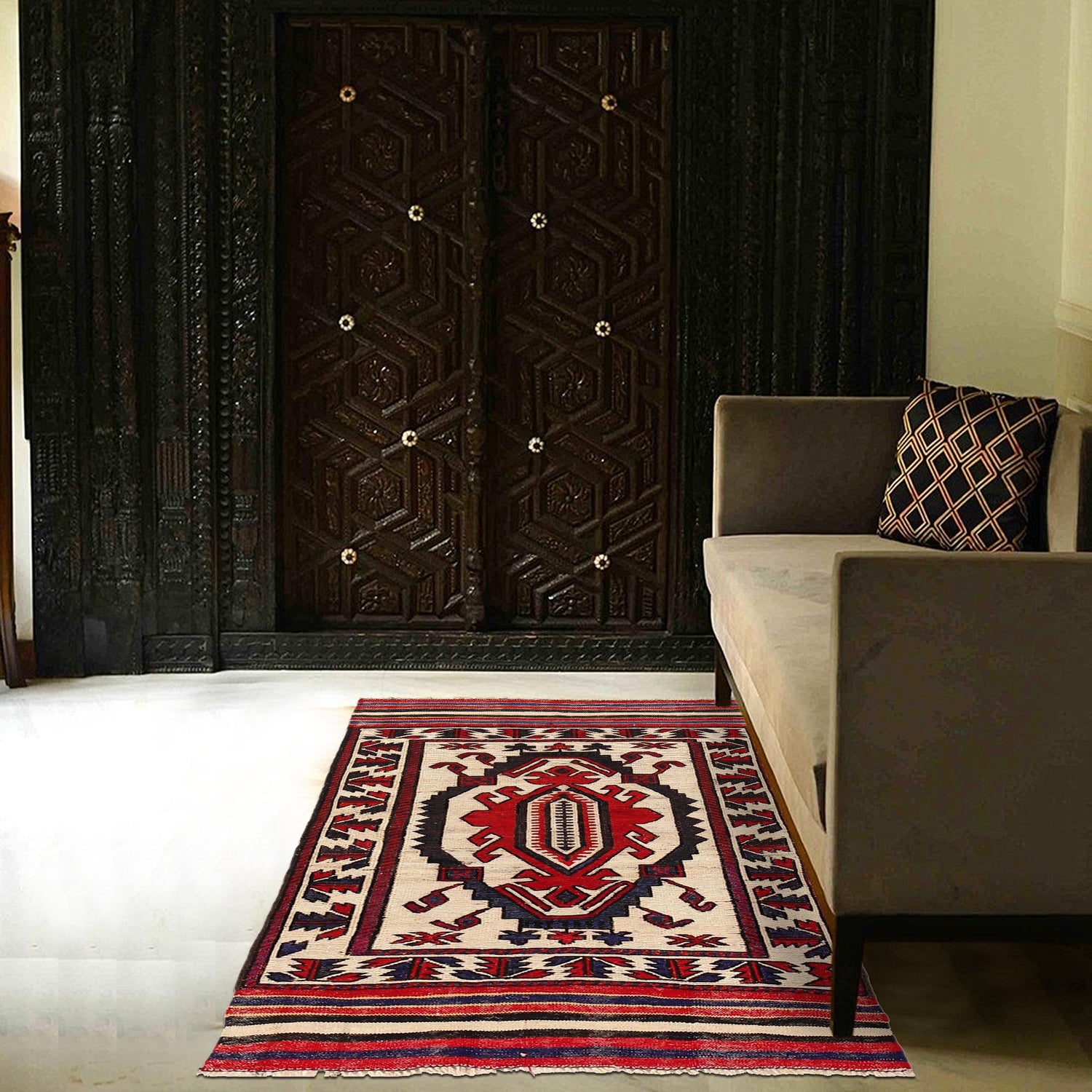 Saghari Kilim Area Rug Handmade Beige Floral 3x5 ft