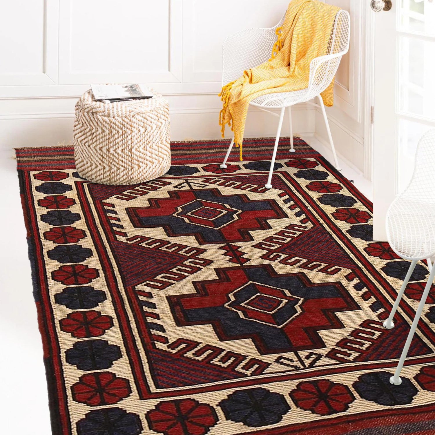 Saghari Kilim Area Rug Handmade Beige Floral 3x5 ft