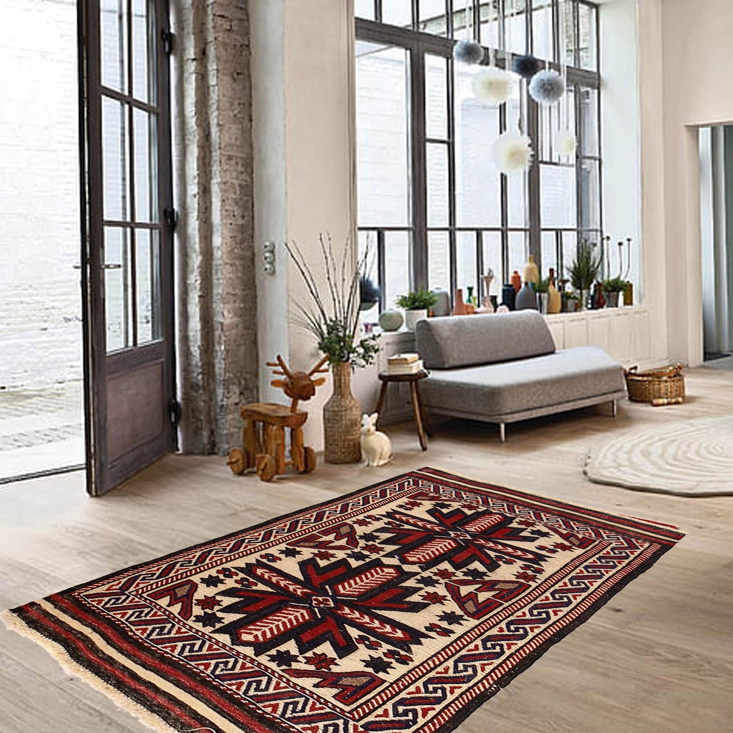 Saghari Kilim Area Rug Handmade Beige Floral 2x4 ft