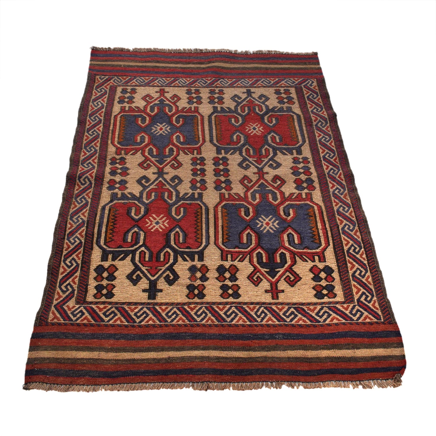 Saghari Kilim Area Rug Handmade Beige Floral 2x4 ft