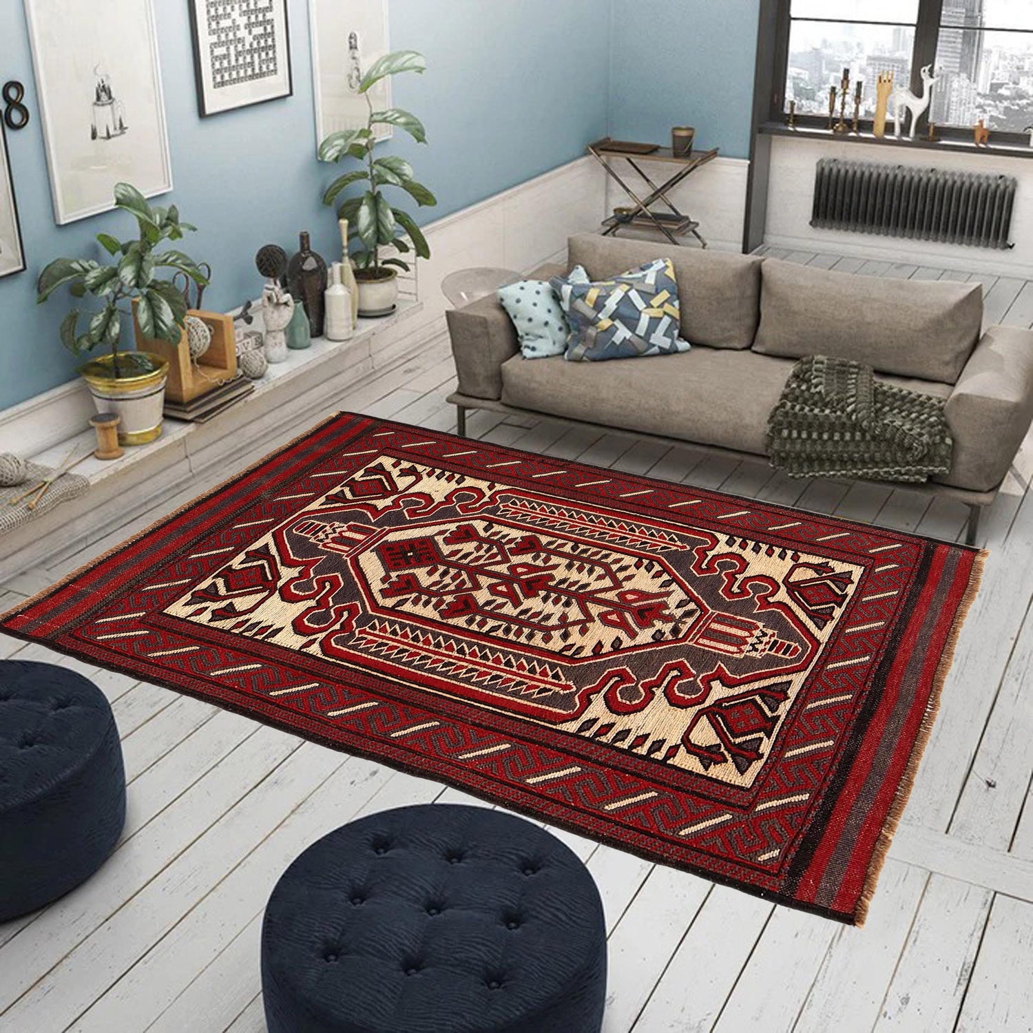 Saghari Kilim Area Rug Handmade Beige Floral 3x5 ft