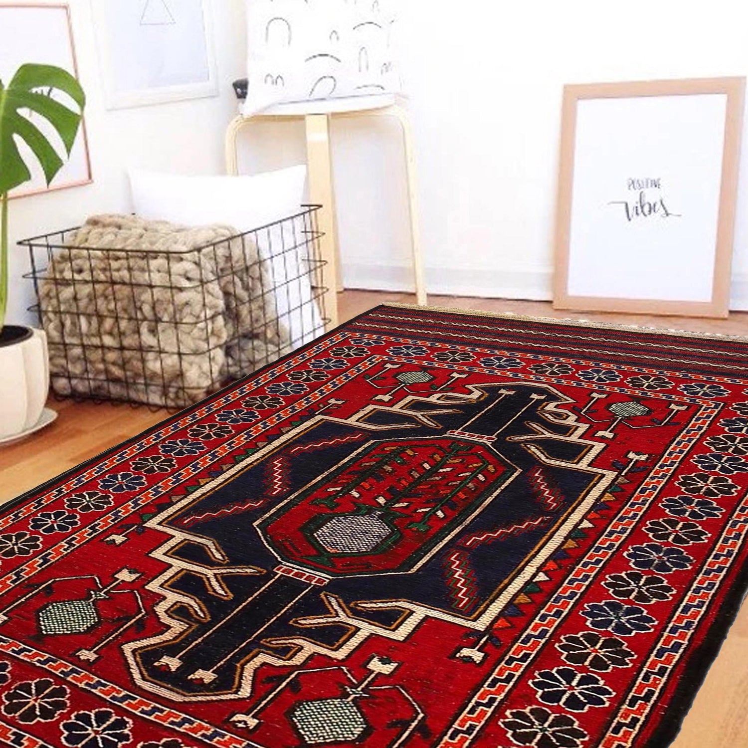 Saghari Kilim Area Rug Handmade Red Floral 3x5 ft