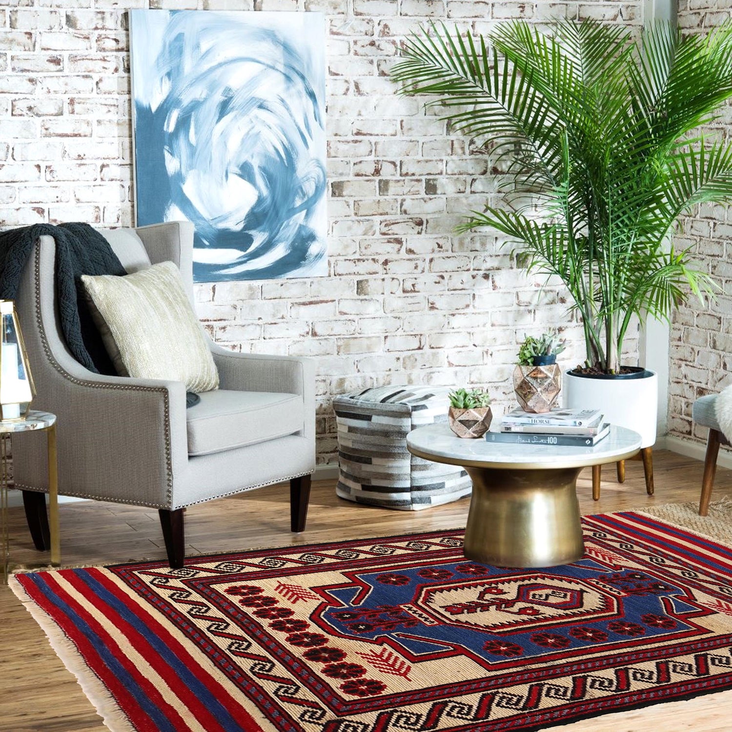 Saghari Kilim Area Rug Handmade Beige Floral 2x4 ft