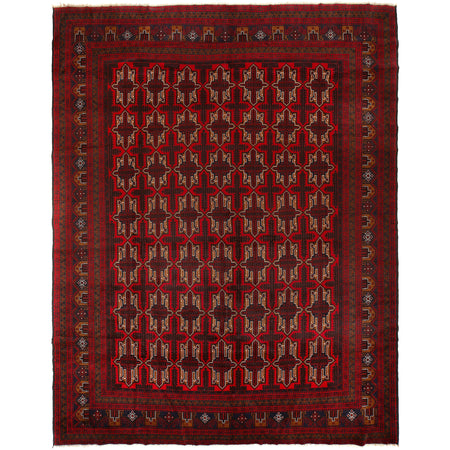 Baluchi Rug Handmade Deep Red Geometric 10x13 ft