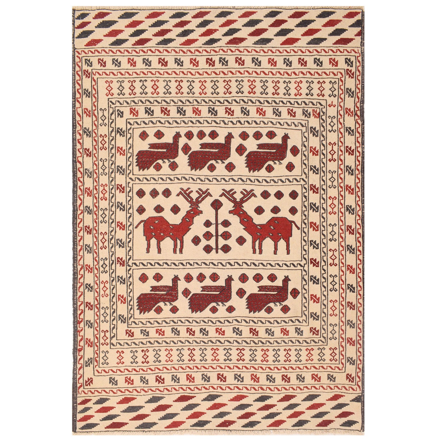Soumak Kilim Area Rug Handmade White Pictorial 4x6 ft