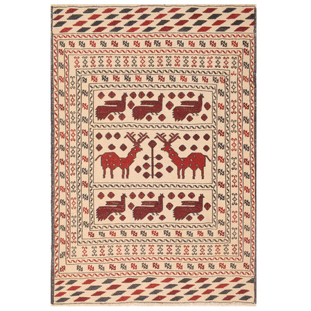 Soumak Kilim Area Rug Handmade White Pictorial 4x6 ft