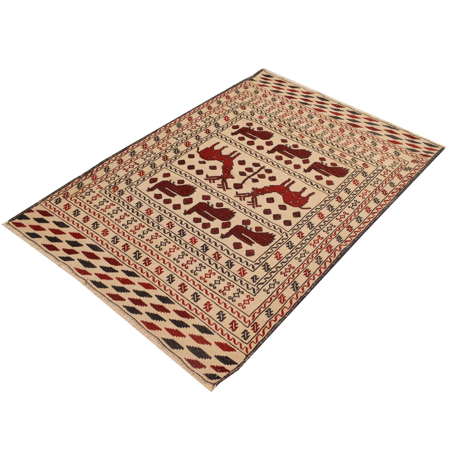 Soumak Kilim Area Rug Handmade White Pictorial 4x6 ft