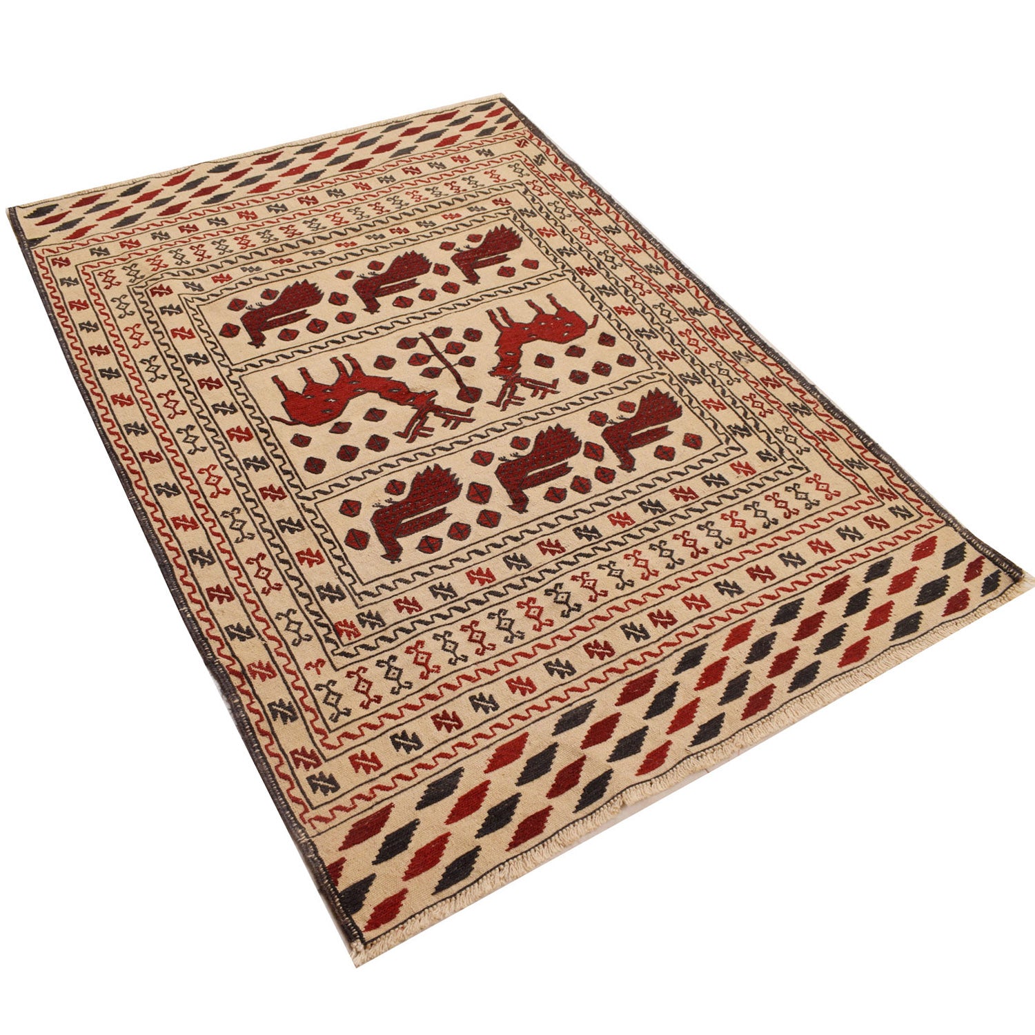 Soumak Kilim Area Rug Handmade White Pictorial 4x6 ft