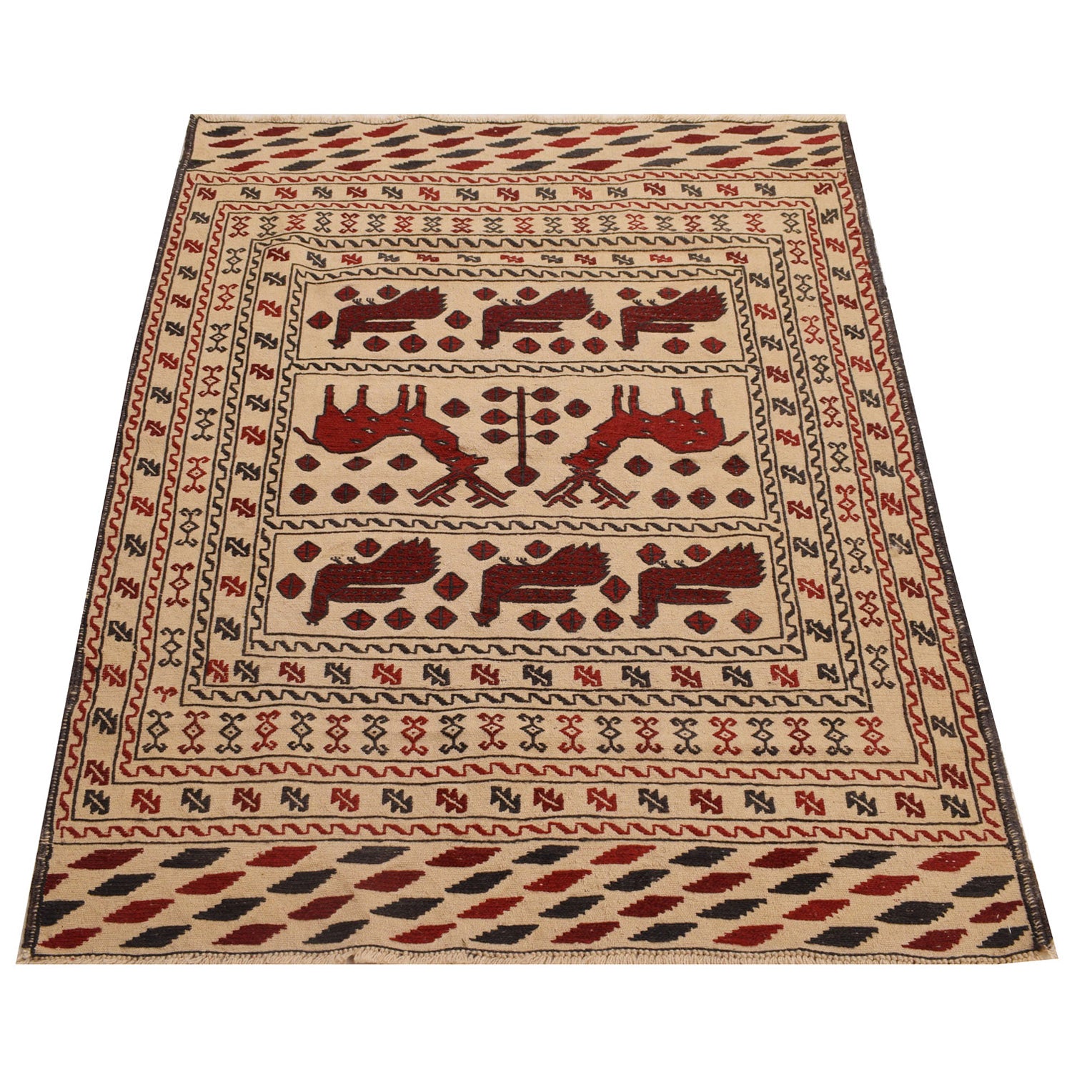 Soumak Kilim Area Rug Handmade White Pictorial 4x6 ft