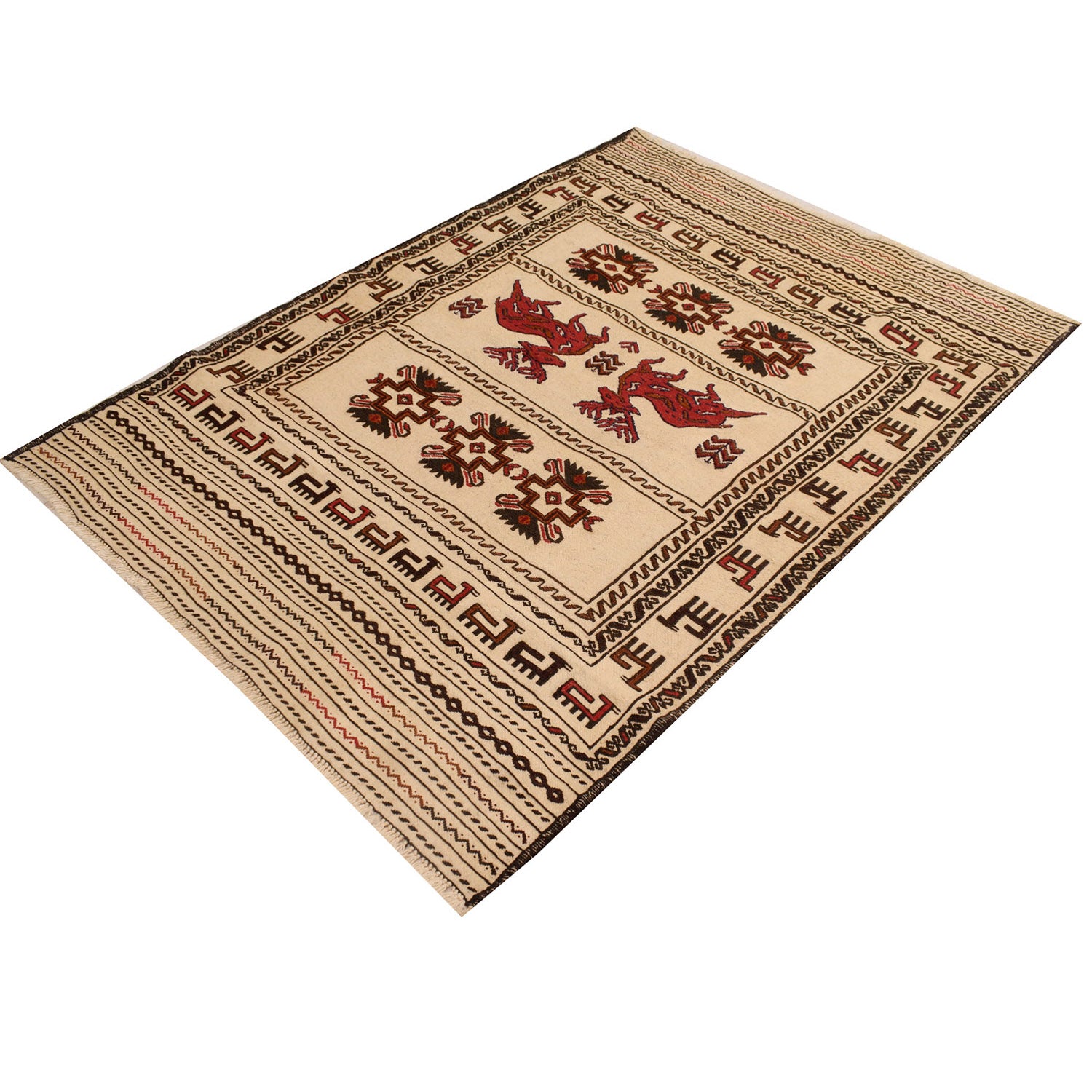 Soumak Kilim Area Rug Handmade White Pictorial 4x6 ft