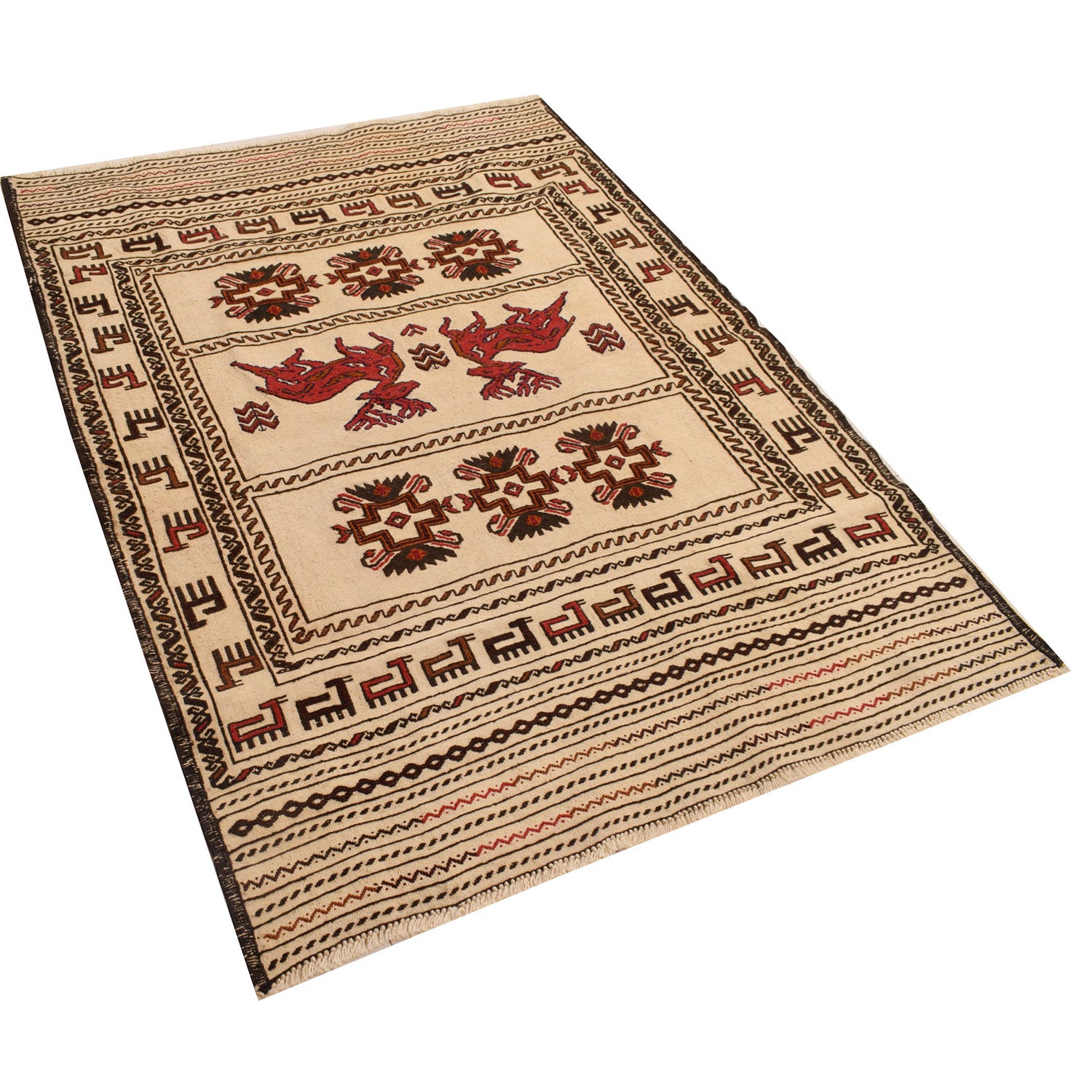 Soumak Kilim Area Rug Handmade White Pictorial 4x6 ft
