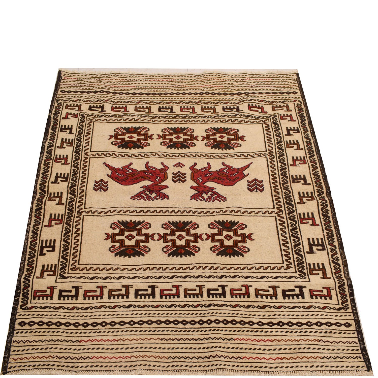 Soumak Kilim Area Rug Handmade White Pictorial 4x6 ft