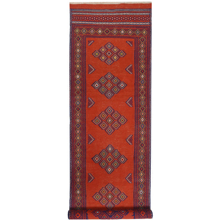 Laghari Area Rug Runner Handmade Red Geometric 10' Runner