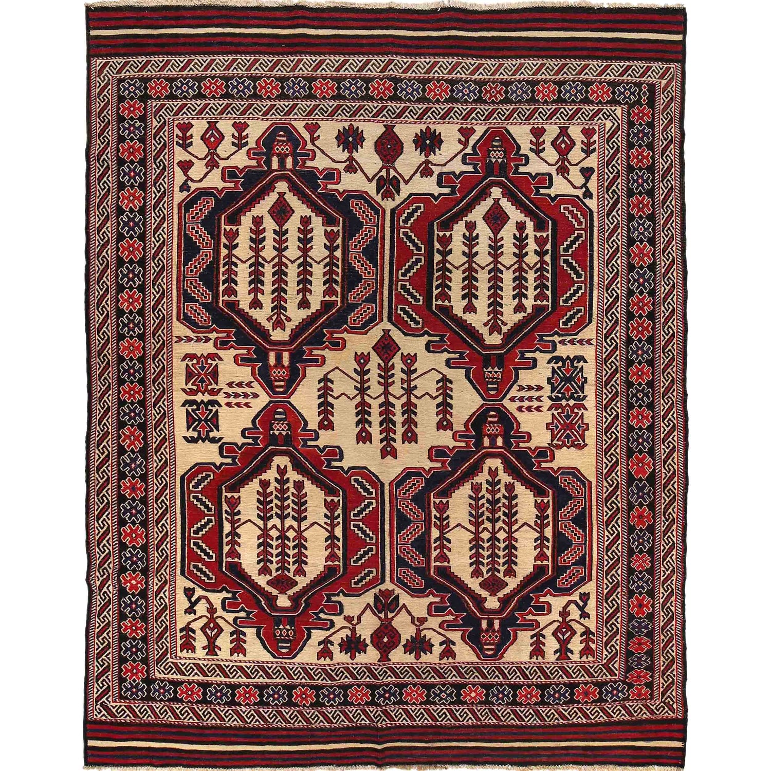 Saghari Kilim Area Rug Handmade Beige Floral 6x9 ft