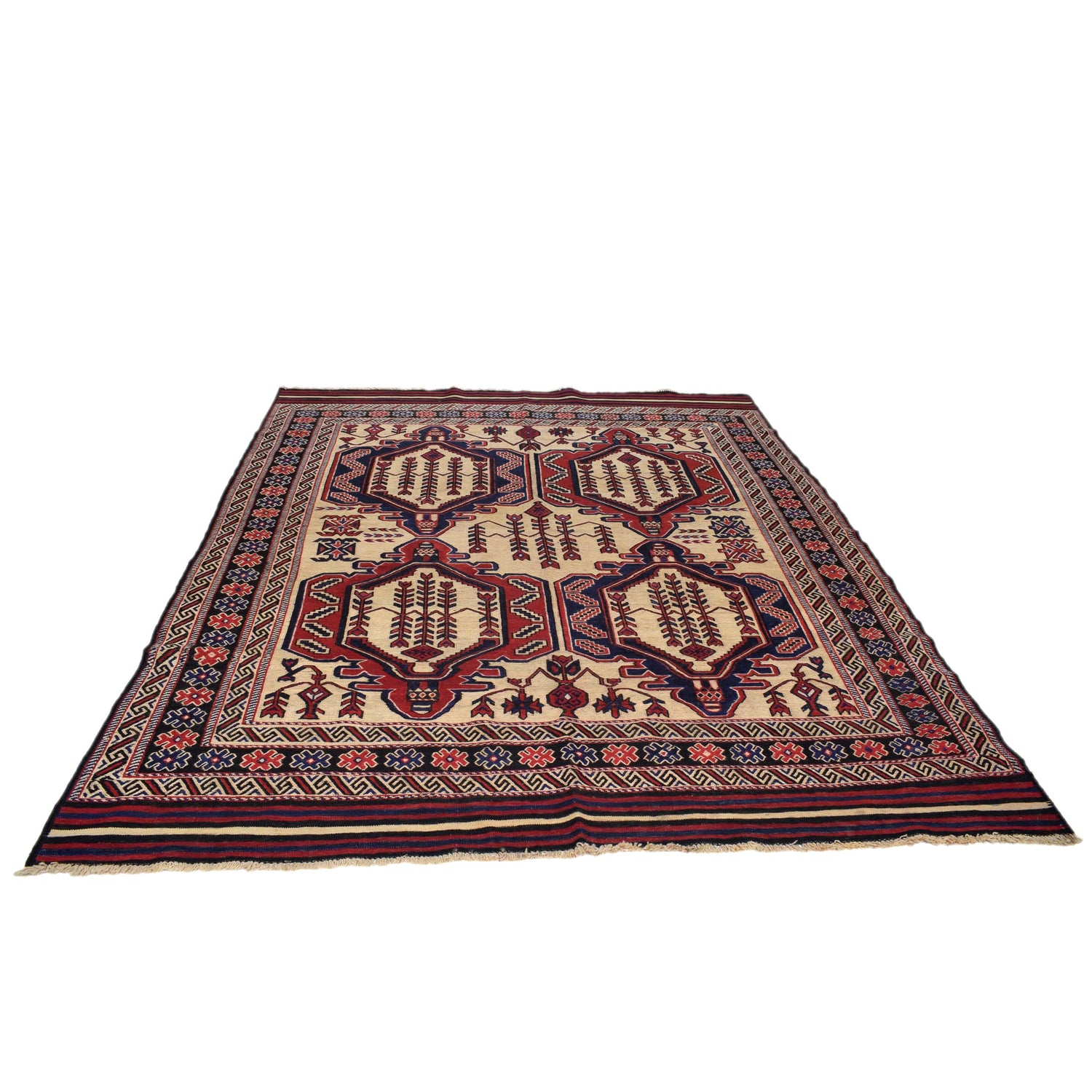Saghari Kilim Area Rug Handmade Beige Floral 6x9 ft
