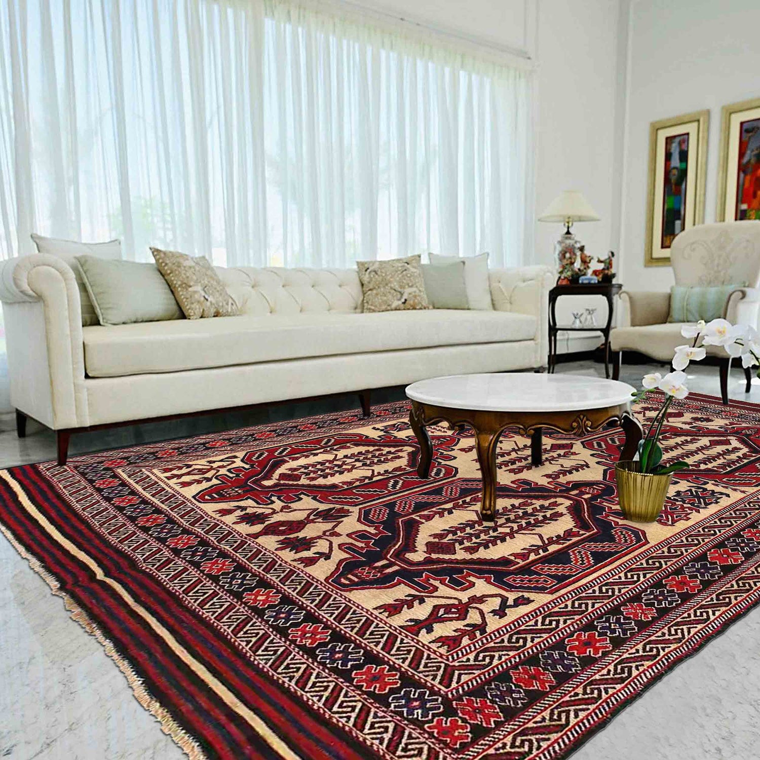 Saghari Kilim Area Rug Handmade Beige Floral 6x9 ft
