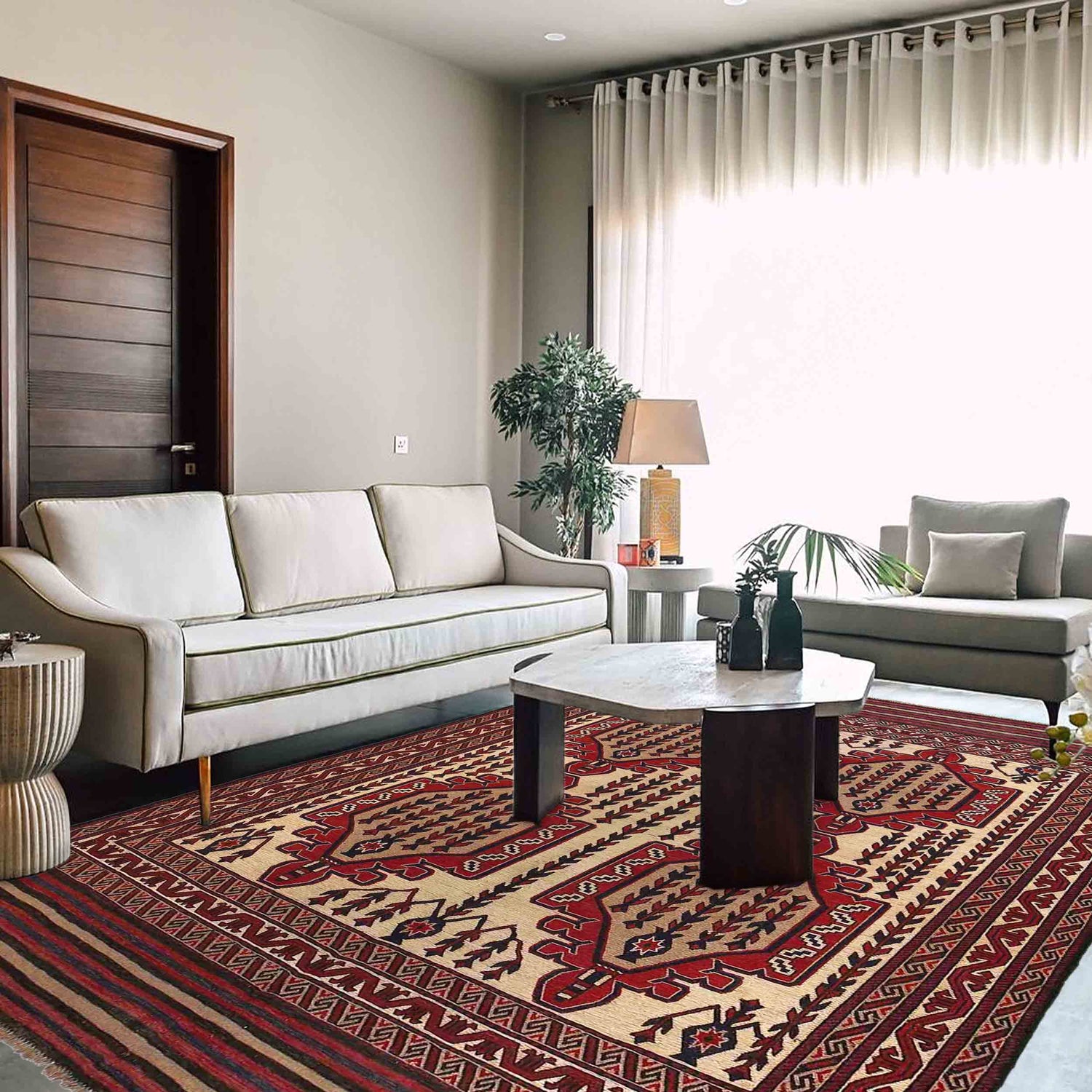 Saghari Kilim Area Rug Handmade Beige Floral 7x10 ft