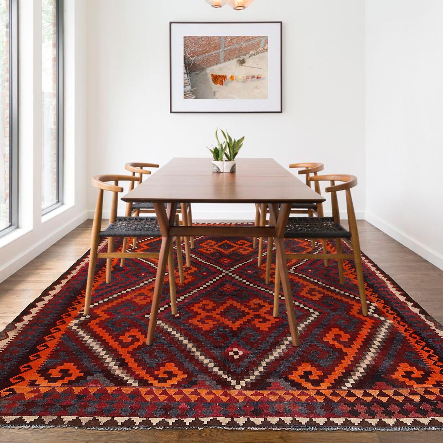 Maimana Kilim Area Rug Handmade Red Floral 9x12 ft