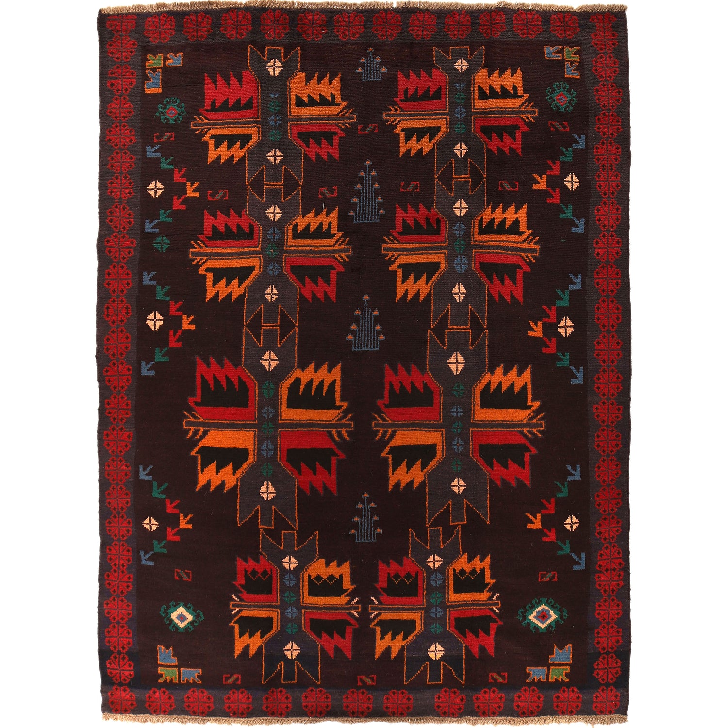 Kohistani Area Rug Handmade Dark Brown Floral 5x8 ft