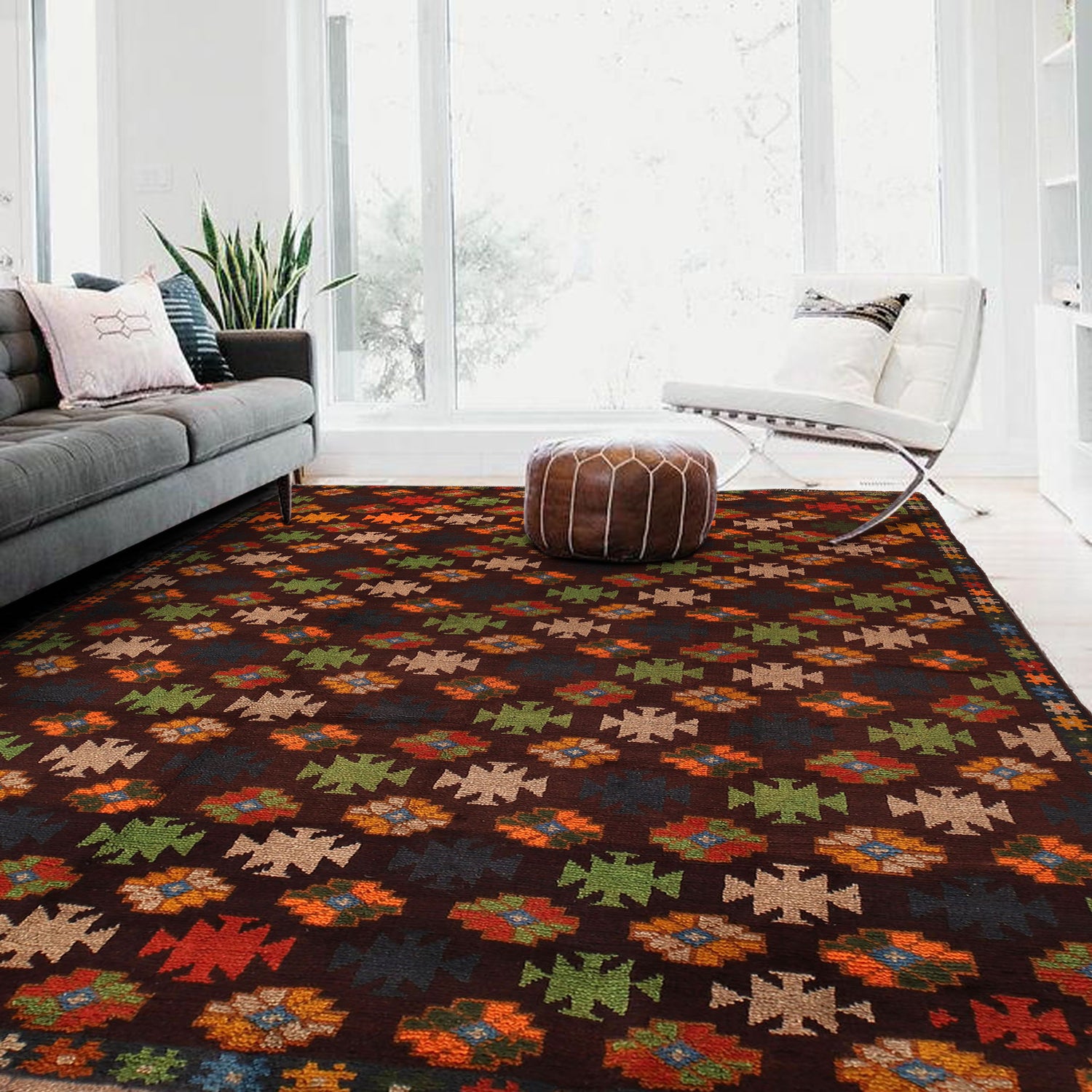 Kohistani Area Rug Handmade Dark Brown Floral 5x8 ft